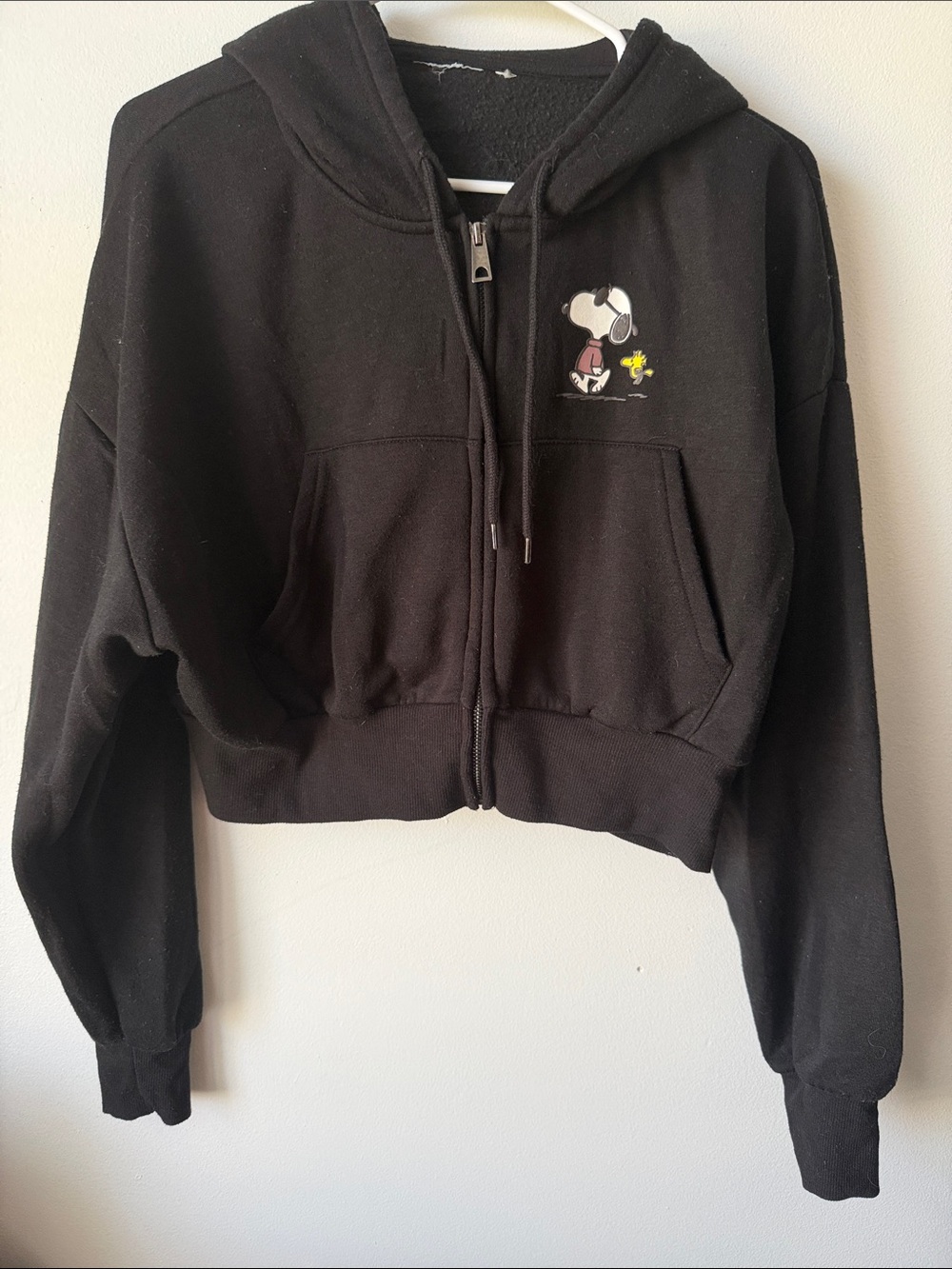 Peanuts Black Cropped Zip Hoodie with Snoopy & Woodstock Size Small